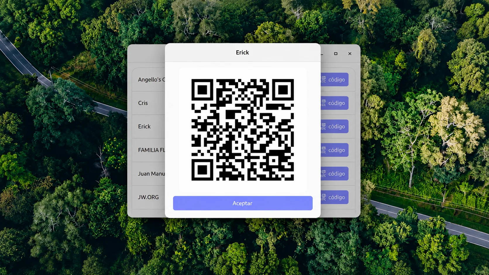 Ejemplo de uso de WiFiQR-GTK, esta la app abierta mostrando un QR para acceder